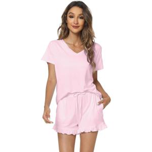 image:imageWiWi Womens Pajamas Set Bamboo Viscose Super Soft Short Sleeve Top Ruffle Shorts Sleepwear Cooling Pj Sets SXXLApink