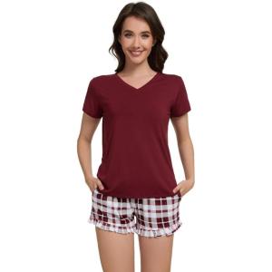 image:imageWiWi Womens Pajamas Set Bamboo Viscose Super Soft Short Sleeve Top Ruffle Shorts Sleepwear Cooling Pj Sets SXXLAredwhite Plaid