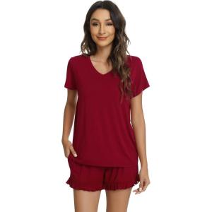 image:imageWiWi Womens Pajamas Set Bamboo Viscose Super Soft Short Sleeve Top Ruffle Shorts Sleepwear Cooling Pj Sets SXXLAwine Red