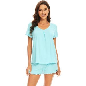 image:imageWiWi Womens Pajamas Set Bamboo Viscose Super Soft Short Sleeve Top Ruffle Shorts Sleepwear Cooling Pj Sets SXXLBaqua
