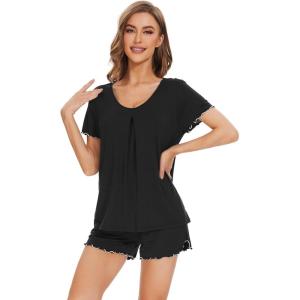 image:imageWiWi Womens Pajamas Set Bamboo Viscose Super Soft Short Sleeve Top Ruffle Shorts Sleepwear Cooling Pj Sets SXXLBblack