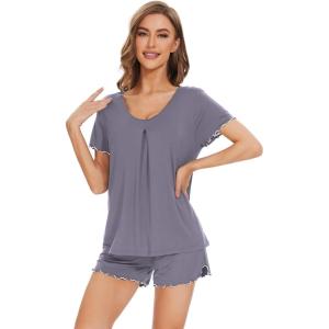 image:imageWiWi Womens Pajamas Set Bamboo Viscose Super Soft Short Sleeve Top Ruffle Shorts Sleepwear Cooling Pj Sets SXXLBpurplish Grey