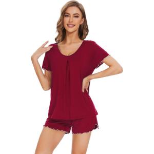 image:imageWiWi Womens Pajamas Set Bamboo Viscose Super Soft Short Sleeve Top Ruffle Shorts Sleepwear Cooling Pj Sets SXXLBwine Red