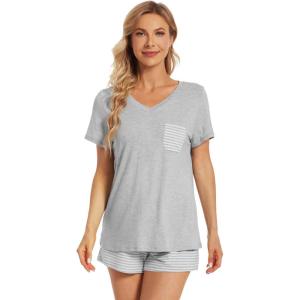 image:imageWiWi Womens Pajamas Set Bamboo Viscose Super Soft Short Sleeve Top Ruffle Shorts Sleepwear Cooling Pj Sets SXXLCheather Grey Stripe