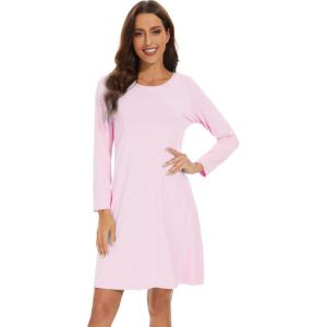 image:imageWiWi Womens Viscose from Bamboo Nightgowns Long Sleeve Cooling Crewneck Sleepshirts Casual Gown Super Soft Sleep Shirt SXXLApink