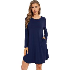 image:imageWiWi Womens Viscose from Bamboo Nightgowns Long Sleeve Cooling Crewneck Sleepshirts Casual Gown Super Soft Sleep Shirt SXXLBnavy