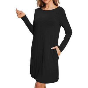 image:imageWiWi Womens Viscose from Bamboo Nightgowns Long Sleeve Cooling Crewneck Sleepshirts Casual Gown Super Soft Sleep Shirt SXXLDblack