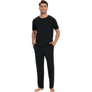image:imageWiWi Mens Pajamas Set Super Soft Viscose Bamboo Sleepwear Cooling Sleep Sets Short Sleeve Loungewear with Pockets SXXLAblack