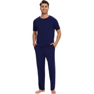 image:imageWiWi Mens Pajamas Set Super Soft Viscose Bamboo Sleepwear Cooling Sleep Sets Short Sleeve Loungewear with Pockets SXXLAnavy