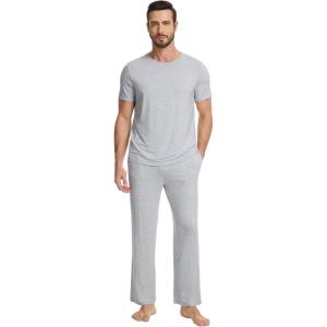 image:imageWiWi Mens Pajamas Set Super Soft Viscose Bamboo Sleepwear Cooling Sleep Sets Short Sleeve Loungewear with Pockets SXXLBash Grey