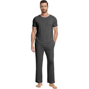 image:imageWiWi Mens Pajamas Set Super Soft Viscose Bamboo Sleepwear Cooling Sleep Sets Short Sleeve Loungewear with Pockets SXXLBcharcoal Heather