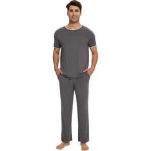 image:imageWiWi Mens Pajamas Set Super Soft Viscose Bamboo Sleepwear Cooling Sleep Sets Short Sleeve Loungewear with Pockets SXXLBdark Grey
