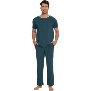 image:imageWiWi Mens Pajamas Set Super Soft Viscose Bamboo Sleepwear Cooling Sleep Sets Short Sleeve Loungewear with Pockets SXXLBgreen