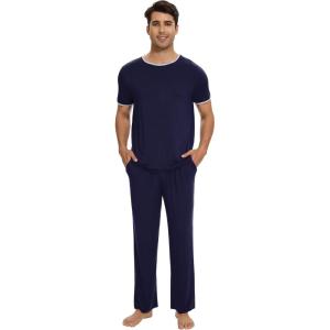 image:imageWiWi Mens Pajamas Set Super Soft Viscose Bamboo Sleepwear Cooling Sleep Sets Short Sleeve Loungewear with Pockets SXXLBnavy