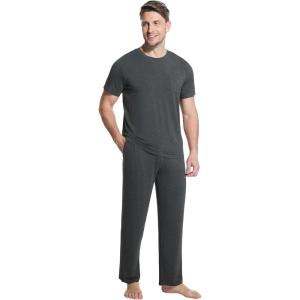 image:imageWiWi Mens Pajamas Set Super Soft Viscose Bamboo Sleepwear Cooling Sleep Sets Short Sleeve Loungewear with Pockets SXXLCcharcoal Heather
