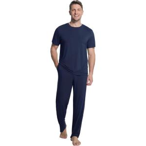 image:imageWiWi Mens Pajamas Set Super Soft Viscose Bamboo Sleepwear Cooling Sleep Sets Short Sleeve Loungewear with Pockets SXXLCnavy