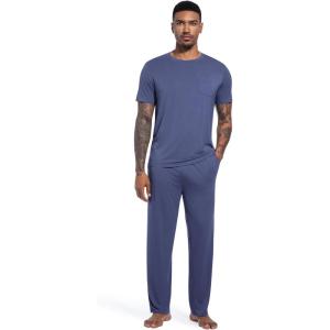 image:imageWiWi Mens Pajamas Set Super Soft Viscose Bamboo Sleepwear Cooling Sleep Sets Short Sleeve Loungewear with Pockets SXXLCvintage Indigo