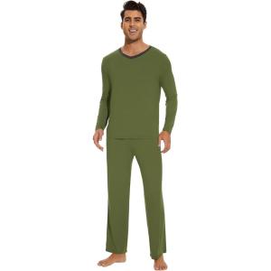 image:imageWiWi Mens Viscose from Bamboo Pajama Sets Long Sleeve Top and Pants Sleepwear Comfy Lightweight Loungewear Set SXXLCarmy Green