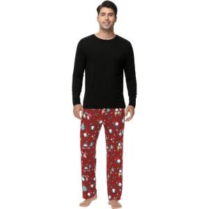 image:imageWiWi Pajamas for Men Viscose Bamboo Super Soft Long Sleeve Pj Set Cooling Crew Neck Loungewear with Pockets SXXLAblackchristmas Elk on Red