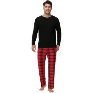 image:imageWiWi Pajamas for Men Viscose Bamboo Super Soft Long Sleeve Pj Set Cooling Crew Neck Loungewear with Pockets SXXLAblackred Plaid