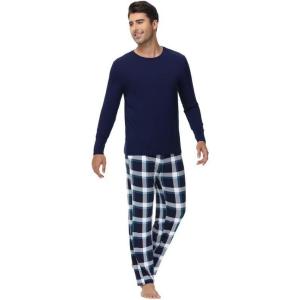 image:imageWiWi Pajamas for Men Viscose Bamboo Super Soft Long Sleeve Pj Set Cooling Crew Neck Loungewear with Pockets SXXLAnavynavyGreen Stripe Plaid