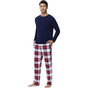image:imageWiWi Pajamas for Men Viscose Bamboo Super Soft Long Sleeve Pj Set Cooling Crew Neck Loungewear with Pockets SXXLAnavynavyRed Plaid