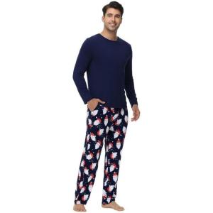image:imageWiWi Pajamas for Men Viscose Bamboo Super Soft Long Sleeve Pj Set Cooling Crew Neck Loungewear with Pockets SXXLAnavysanta Claus on Navy