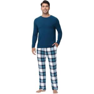 image:imageWiWi Pajamas for Men Viscose Bamboo Super Soft Long Sleeve Pj Set Cooling Crew Neck Loungewear with Pockets SXXLApeacock BluenavyGreen Plaid