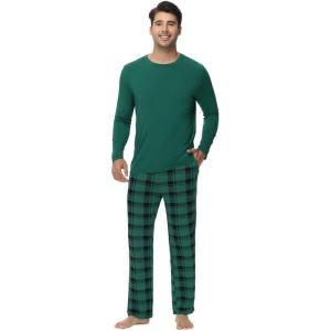 image:imageWiWi Pajamas for Men Viscose Bamboo Super Soft Long Sleeve Pj Set Cooling Crew Neck Loungewear with Pockets SXXLApine Greengreen Plaid