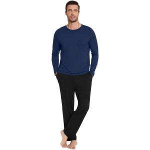 image:imageWiWi Pajamas for Men Viscose Bamboo Super Soft Long Sleeve Pj Set Cooling Crew Neck Loungewear with Pockets SXXLCdark Blueblack