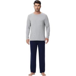 image:imageWiWi Pajamas for Men Viscose Bamboo Super Soft Long Sleeve Pj Set Cooling Crew Neck Loungewear with Pockets SXXLClight Heather Greynavy
