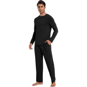 image:imageWiWi Mens Pajamas Set Viscose from Bamboo Long Sleeve Sleepwear Knit Nightwear 2 Pieces Loungewear Sets with Pants SXXLBblack