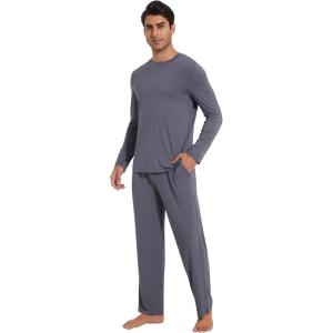image:imageWiWi Mens Pajamas Set Viscose from Bamboo Long Sleeve Sleepwear Knit Nightwear 2 Pieces Loungewear Sets with Pants SXXLBdark Grey