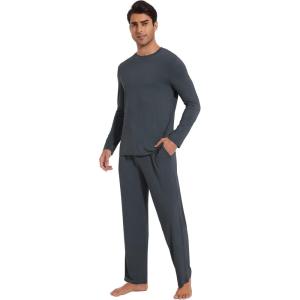 image:imageWiWi Mens Pajamas Set Viscose from Bamboo Long Sleeve Sleepwear Knit Nightwear 2 Pieces Loungewear Sets with Pants SXXLBmidnight Blue