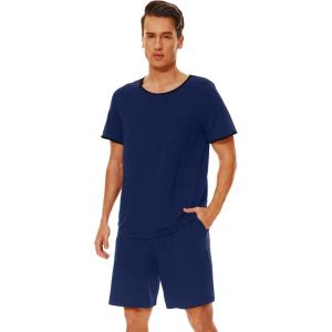 image:imageWiWi Mens Pajamas Set Viscose from Bamboo Short Sleeve Top amp Pajama Shorts Sleepwear Soft Loungewear with Pockets SXXLAdark Blue