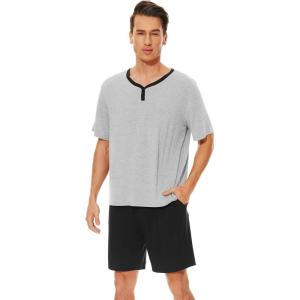 image:imageWiWi Mens Pajamas Set Viscose from Bamboo Short Sleeve Top amp Pajama Shorts Sleepwear Soft Loungewear with Pockets SXXLBash GreyBlack