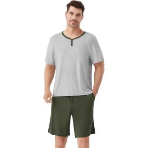 image:imageWiWi Mens Pajamas Set Viscose from Bamboo Short Sleeve Top amp Pajama Shorts Sleepwear Soft Loungewear with Pockets SXXLBlight Heather GreyDark Fence Green