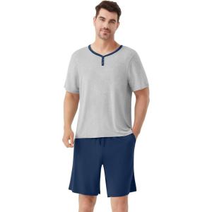 image:imageWiWi Mens Pajamas Set Viscose from Bamboo Short Sleeve Top amp Pajama Shorts Sleepwear Soft Loungewear with Pockets SXXLBlight Heather GreyDeep Blue