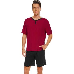 image:imageWiWi Mens Pajamas Set Viscose from Bamboo Short Sleeve Top amp Pajama Shorts Sleepwear Soft Loungewear with Pockets SXXLBwine RedBlack