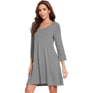 image:imageWiWi Nightgowns for Women Bamboo Viscose Cooling Sleepwear Super Soft Satin V Neck Sleepshirts Long Sleeve Nightshirt S4XAheather Grey Stripe