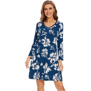 image:imageWiWi Nightgowns for Women Bamboo Viscose Cooling Sleepwear Super Soft Satin V Neck Sleepshirts Long Sleeve Nightshirt S4XAink Blue Floral