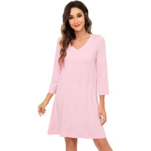 image:imageWiWi Nightgowns for Women Bamboo Viscose Cooling Sleepwear Super Soft Satin V Neck Sleepshirts Long Sleeve Nightshirt S4XApink