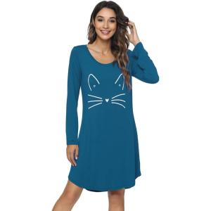 image:imageWiWi Nightgowns for Women Bamboo Viscose Cooling Sleepwear Super Soft Satin V Neck Sleepshirts Long Sleeve Nightshirt S4XBteal BlueCat