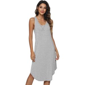image:imageWiWi Nightgowns for Women Bamboo Viscose Super Soft Sleeveless Racerback Night Shirts Plus Size Cooling Sleepshirts S4XAgrey White Stripe
