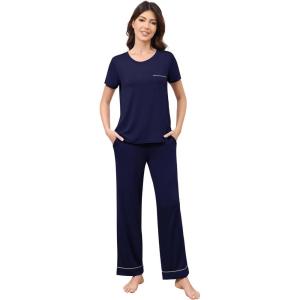 image:imageWiWi Bamboo Viscose Pajamas for Women Super Soft Cooling Loungewear Short Sleeve Tops and Long Pants Sleepwear SXXLDnavy