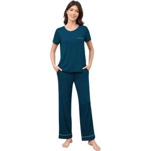 image:imageWiWi Bamboo Viscose Pajamas for Women Super Soft Cooling Loungewear Short Sleeve Tops and Long Pants Sleepwear SXXLDpeacock Blue