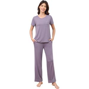 image:imageWiWi Bamboo Viscose Pajamas for Women Super Soft Cooling Loungewear Short Sleeve Tops and Long Pants Sleepwear SXXLDviolet