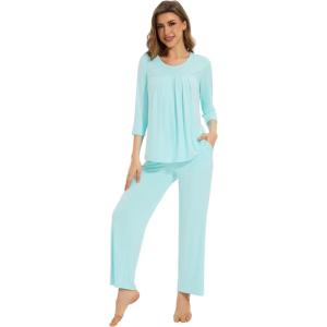 image:imageWiWi Pajamas Set for Women Super Soft 34 Sleeve Tops and Pants Pajama Sets Cooling Viscose Bamboo Pjs with Pockets SXXLAqua