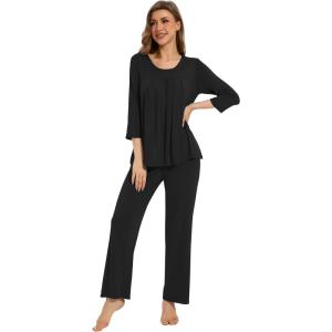 image:imageWiWi Pajamas Set for Women Super Soft 34 Sleeve Tops and Pants Pajama Sets Cooling Viscose Bamboo Pjs with Pockets SXXLBlack
