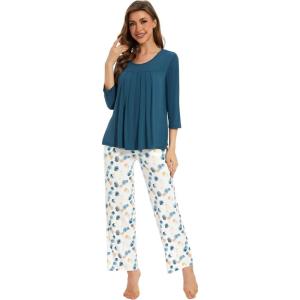 image:imageWiWi Pajamas Set for Women Super Soft 34 Sleeve Tops and Pants Pajama Sets Cooling Viscose Bamboo Pjs with Pockets SXXLGreen